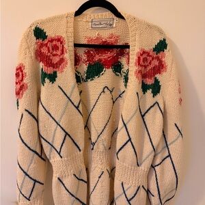 80’s Vintage Floral Knit Cardigan with Pink and Green Accents